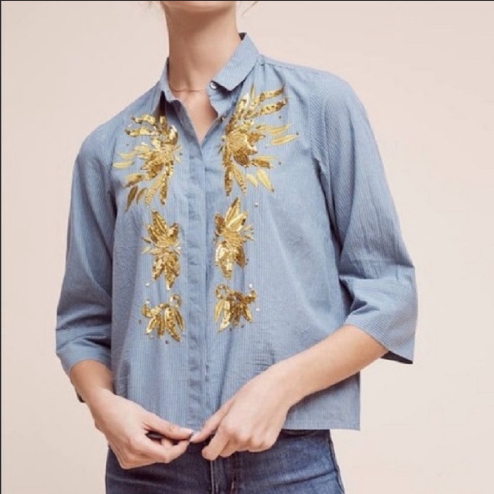 Anthropologie 3/4 Length Button Down with Sequins